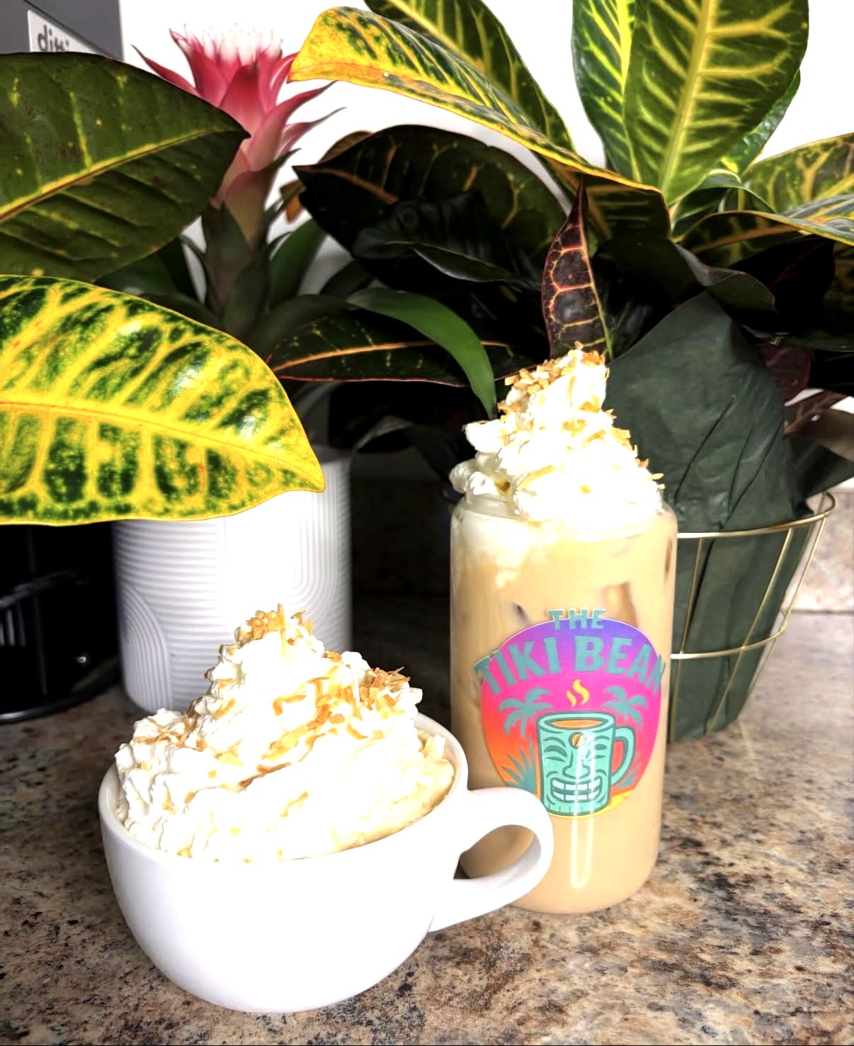 Iced latte topped with toasted coconut whip beside tropical plants